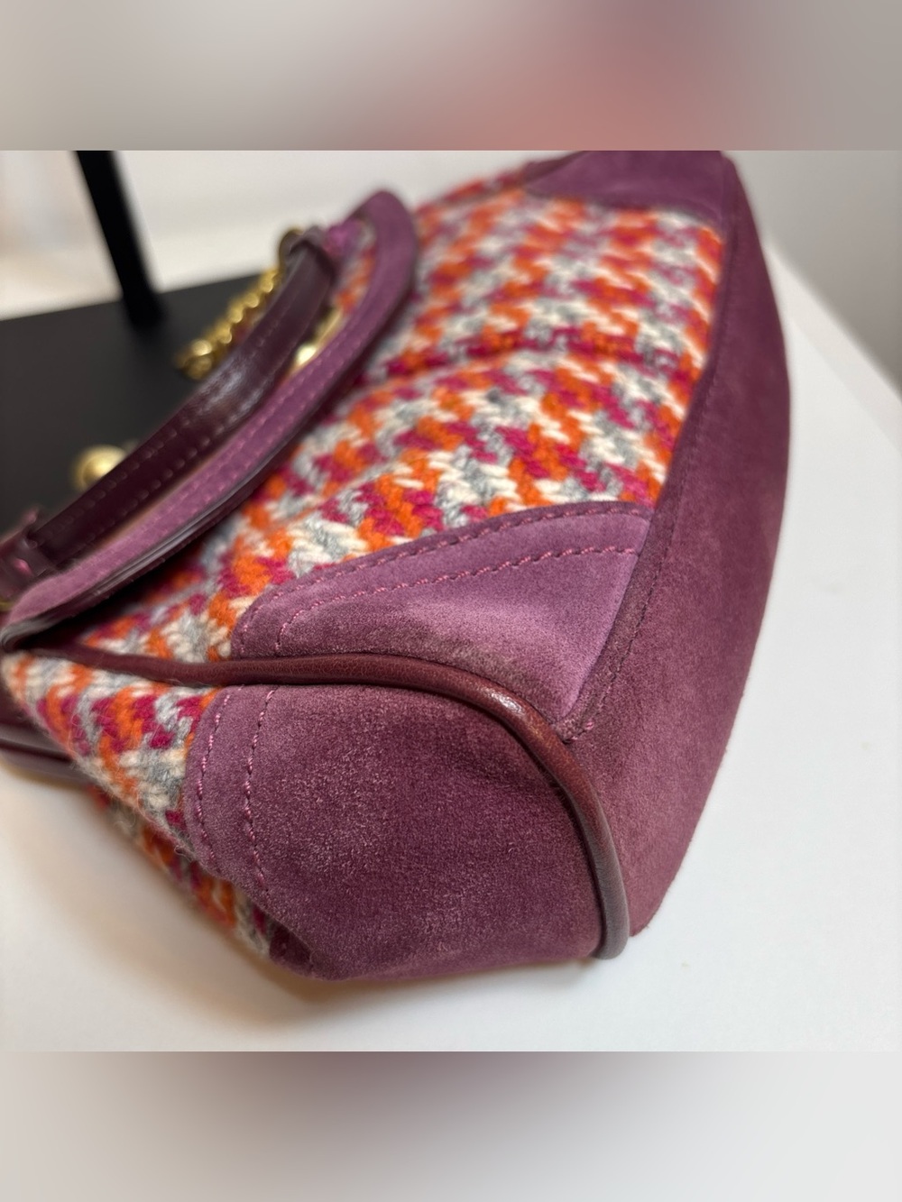 COACH LTD VTG PINK WOOL HOUNDSTOOTH SUEDE KISSLOCK GALLERY FRAMED BAG - Picture 12 of 16